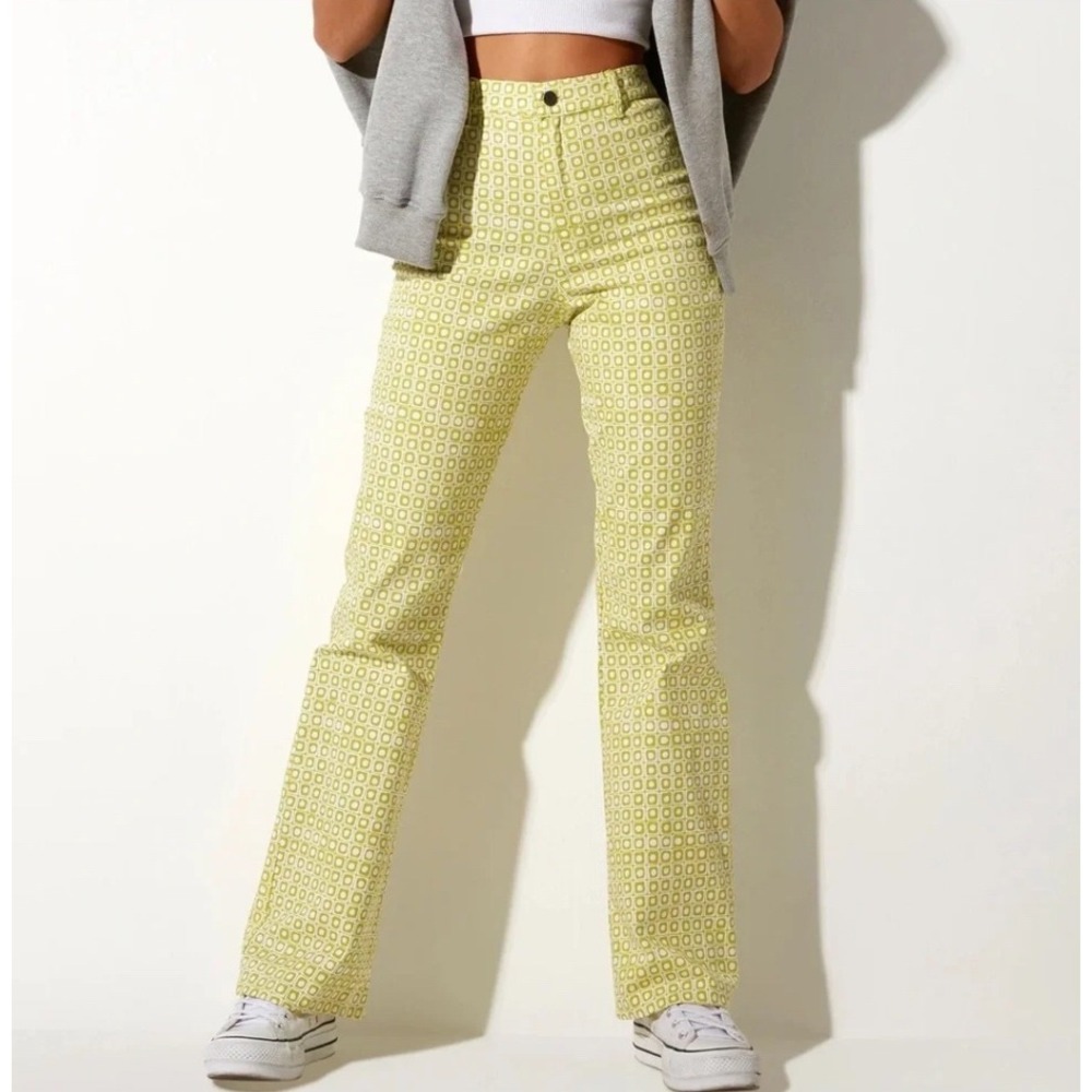 Motel Rocks Flare Trousers Sz‎ XS Green Geometric Retro Pants Vintage Inspired